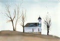 Watercolor landscape with a Church in the style of minimalism. Autumn nature.