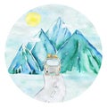 Watercolor landscape in a circle, with a sun, mountains and a forest. The car is driving on the road. Mountain adventure