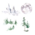 Watercolor landscape clipart collection. Misty forest, pine tree, mountains and full moon.