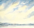 Watercolor landscape. Clouds in the sky over the lake