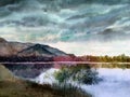 Watercolor landscape deep sky, mountains, autumn trees by the river Royalty Free Stock Photo
