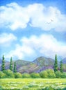 Watercolor landscape. Cloudy sky over valley blossoms Royalty Free Stock Photo