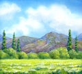 Watercolor landscape. Cloudy sky over valley blossoms Royalty Free Stock Photo