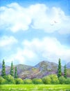 Watercolor landscape. Cloudy sky over valley blossoms Royalty Free Stock Photo