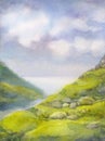 Watercolor landscape. Cloudy summer day in mountains near lake Royalty Free Stock Photo