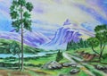 Watercolor landscape. Colorful of mountain, river, trees,clouds. Original painting. Hand drawn. Royalty Free Stock Photo