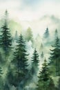 Watercolor landscape with coniferous forest in fog. Vertical painting. Printable wall art Royalty Free Stock Photo