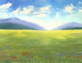 Watercolor landscape with distant hills, sunrise and blue sky with clouds, green grass with abstract flowers, sunlight over Royalty Free Stock Photo