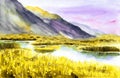 Watercolor landscape with distant mountains in the background and a grassy meadow Royalty Free Stock Photo