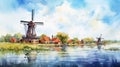 Watercolor Landscape With Dutch Windmills A Detailed Illustration