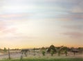 Watercolor landscape of early foggy summer morning in countryside