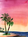 Watercolor landscape. Evening sky at sunset. The gradient from dark purple to pink to orange to yellow. Blue waves of the sea. Royalty Free Stock Photo