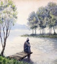 Watercolor landscape. Father and son by the lake Royalty Free Stock Photo