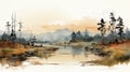 Watercolor Landscape Painting With Pine Trees And Water