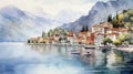 Watercolor Village And Boat In Fjord Of Italy - Stunning Illustration