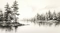 Serene Black And White Forest Drawing With Pine Trees Along Water Royalty Free Stock Photo