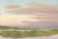 Watercolor landscape of fog over riverside in early pink morning