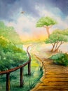 Watercolor landscape with footpath