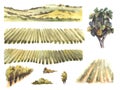 Watercolor landscape assemble yourself with vineyards, grapevine bushes, trees, hills. Illustration