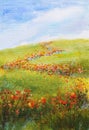 Watercolor landscape grass field, blue sky with clouds and red wild flowers. hand-drawn illustration Royalty Free Stock Photo