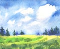 watercolor landscape with green grass field, fir trees, big clouds on blue summer sky, hand drawn illustration Royalty Free Stock Photo