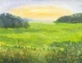 Watercolor landscape green grass, rising yellow sun, distant trees, quiet atmosphere abstract background Royalty Free Stock Photo