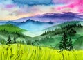 Watercolor landscape of a green valley