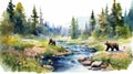 Watercolor Landscape Of Grizzly Bears By River