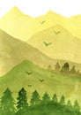 Abstract green mountains with trees. Watercolor landscape hand painting illustration. Royalty Free Stock Photo