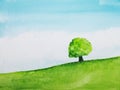 Watercolor landscape hill and tree stand alone in green meadow field with blue sky.hand drawn on paper. Royalty Free Stock Photo