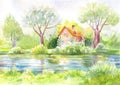 Watercolor landscape, house on the river, forest, lawn. Pastel p