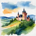 Watercolor landscape with Houska Castle.