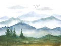 Watercolor landscape illustration with mountains and foggy hills, spruce trees, flying birds over the clouds, natural Royalty Free Stock Photo