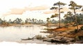 Watercolor Landscape Illustration Pine Trees Along Calm Waters
