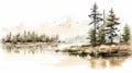 Watercolor Landscape Illustration Of Wooden Trees Near A Lake Royalty Free Stock Photo