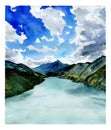 Watercolor Landscape. Lake, Mountains And Sky With Clouds.