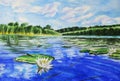 Landscape with lake and water lilies. Watercolor. Hand drawn. Royalty Free Stock Photo