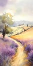 Watercolor landscape with lavender field, road and tree. Digital painting.