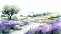Watercolor Landscape: Lavender Fields And River Stream