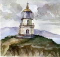 Watercolor landscape with a lighthouse Royalty Free Stock Photo