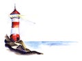 Watercolor landscape of lighthouse on white background. White and red high tower sending signal to vast sea warning about Royalty Free Stock Photo