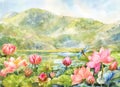 Watercolor landscape with lotuses, mountains and lake. Sunny day, beautiful summer illustration