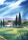 Watercolor landscape of lovely countryside houses with tall cypresses on background of green hills and high mountains beneath blue