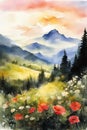 Watercolor landscape. Majestic blue mountains, forest, meadows in sunset