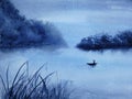Watercolor landscape the man fishing on the lake cover fog and mountain.