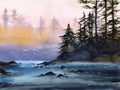 Watercolor landscape with misty river, distant forest and seagulls