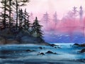 Watercolor landscape with misty river