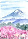 Watercolor landscape Mount Fuji and cherry blossoms Royalty Free Stock Photo