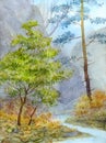 Watercolor landscape. Mountain brook in autumn forest Royalty Free Stock Photo