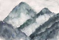 Watercolor landscape mountain fog and birds. asia art style